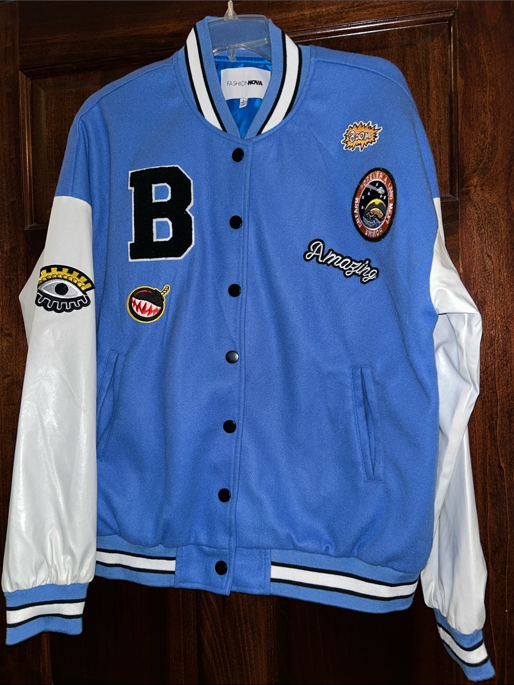 Fashion Nova Blue & White Embroidered Varsity Bomber Jacket L